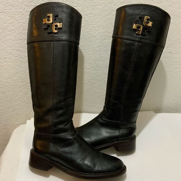Tory Burch Lowell 2 Logo Brown  Leather Knee High Riding Boot 7 M Excellent - Picture 6 of 15